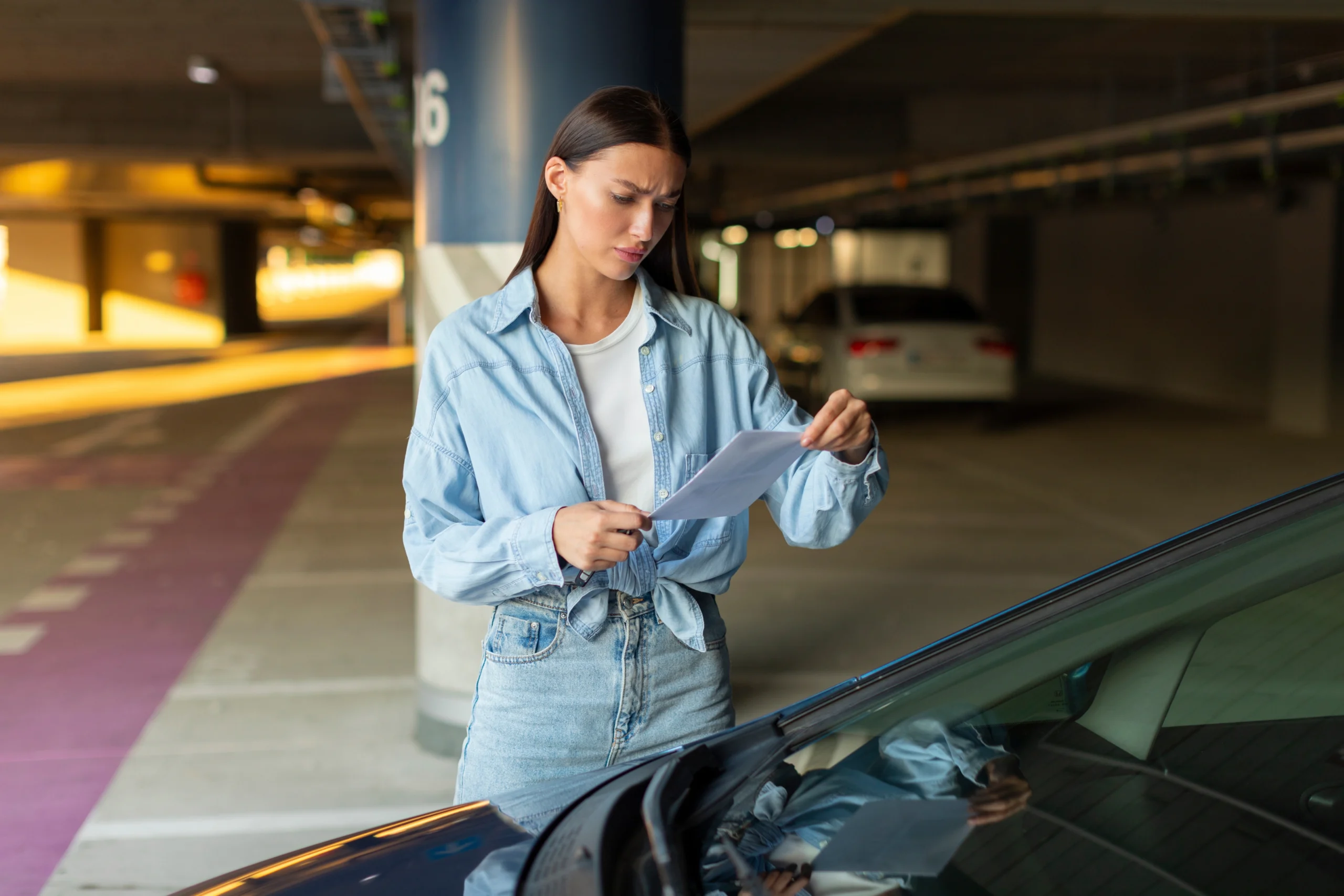 A woman reviews a ticket at her car