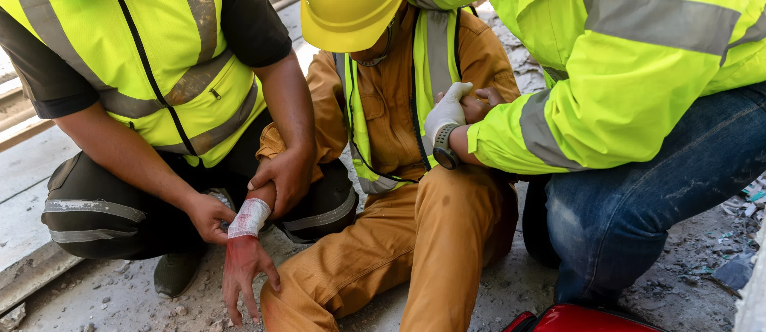 2 medics help a wounded construction worker sitting on the ground