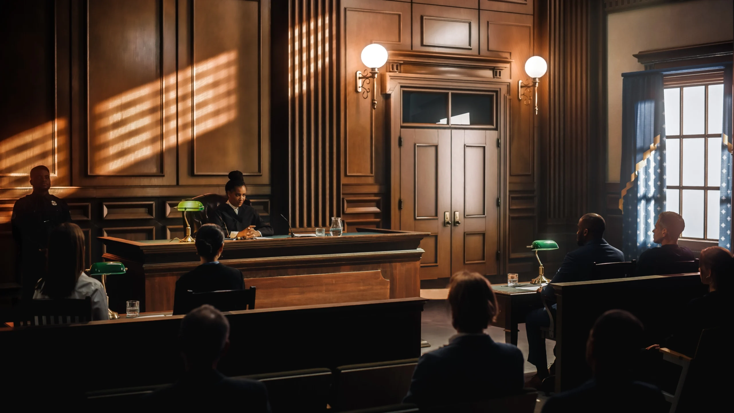 A filled and active court room
